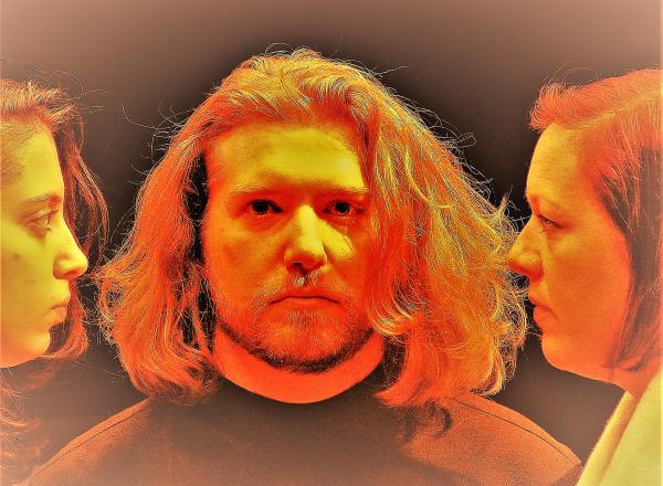 stylized scene with three faces