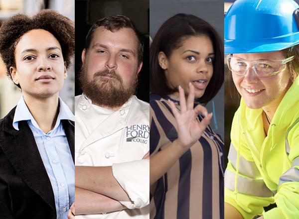 Four adults in tech careers - business, culinary, teaching, construction