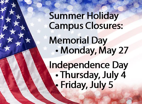 U.S. Flag background with text overlay: Summer Holidays, Memorial Day and Independence Day