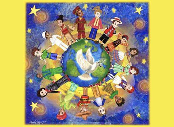 Drawing of globe with people standing around it