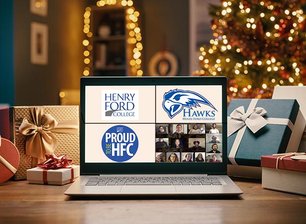 Christmas image - tree, gifts, computer