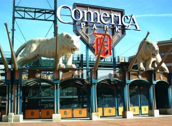 Photo of the front gate of Comerica Park
