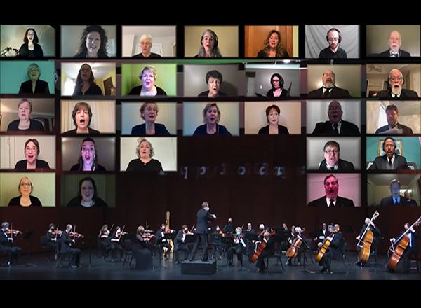 Image of individual people on Zoom with an orchestra at the bottom.