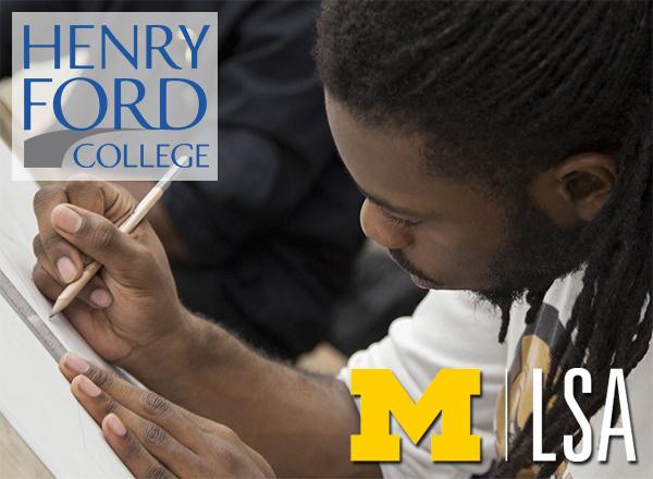 Student drawing at a drawing board, HFC and UM logos