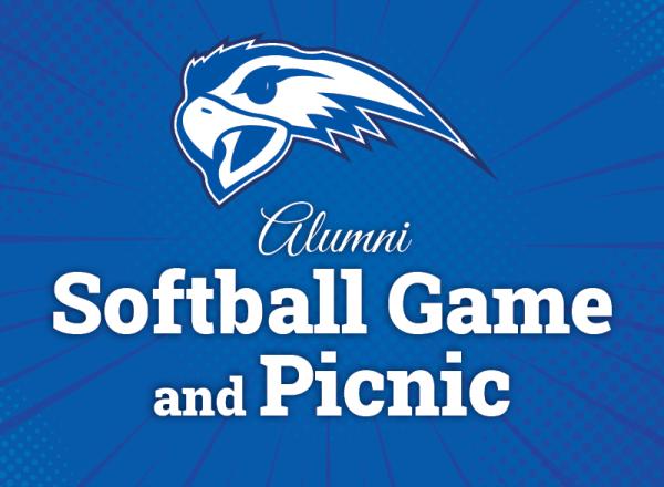 A blue graphic with the HFC Athletics Hawk logo and title that reads Alumni Softball Game and Picnic.