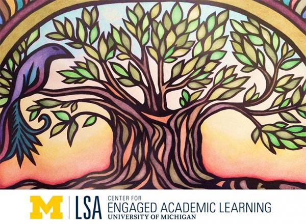Artwork of tree, bird, and UM-LSA logo
