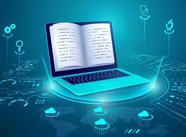 Stylized graphic of book and laptop on a stand