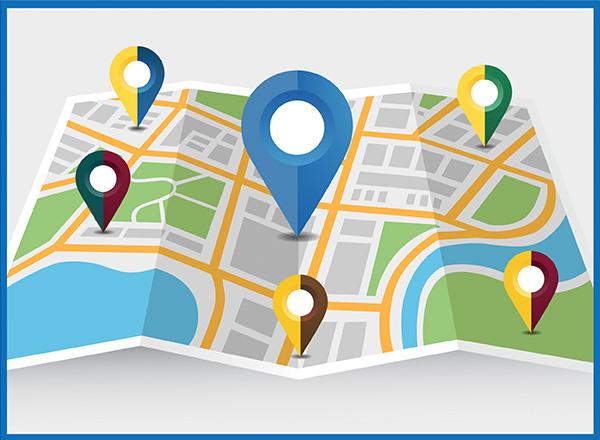 An image of a map with location markers in college colors.