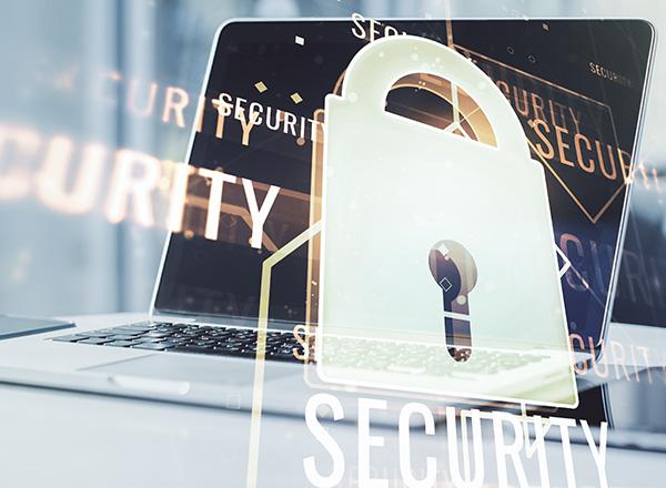 Lock symbol and microcircuit security illustration on laptop background. 