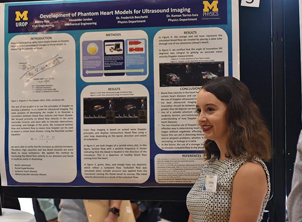 Presentation board with presenter standing in front of it