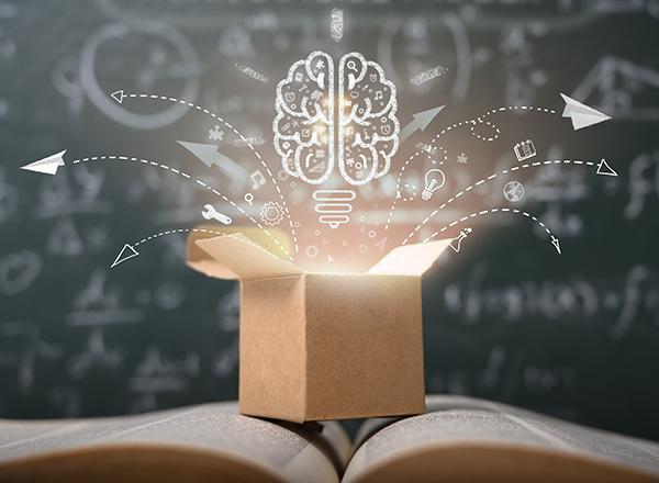 Box sitting on top of book -- box has drawing of brain and resources emerging.