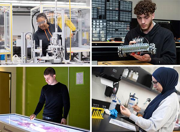 4 photos of in a grid format of students doing different kinds of scientific research. 