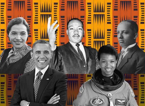 Bogolan African print pattern in gold, orange, and black with outlined prominent black Americans.