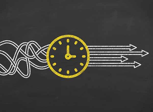 Clock with chaotic overlapping lines going behind a clock face and coming out the other side as straight lines.