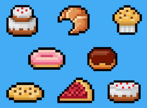 A graphic image of 8 baked goods.