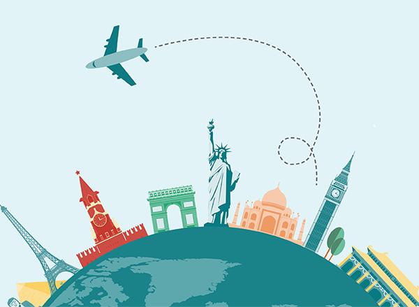 A graphic of an airplane flying over world landmarks.