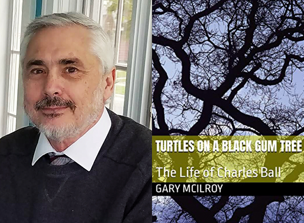 A headshot of Gary McIlroy (left) with the cover of his book (right), a picture of tree branches.