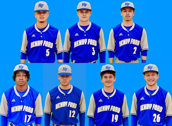 Baseball players top to bottom, left to right: Hector Arredondo, Ricky Kidd, Jacob Kuhlman, Solomon McCants, Thomas Potcova, Robert Schlip, and Gus Simon.