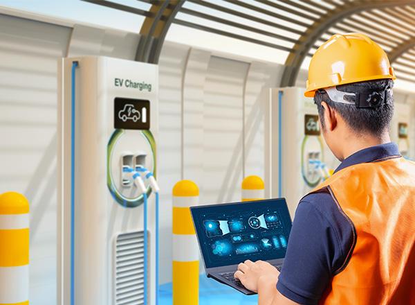 Battery technician working with the technology.