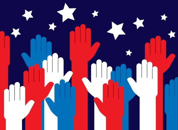 Graphic of red, white, and blue hands raised with stars above the hands.