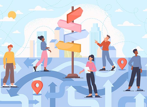 Illustration of people around a sign with multiple directions expressing the multiple career choices.
