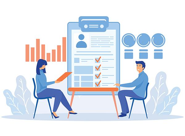 Drawing of two employees sitting across a table, checklist and evaluation tools in background.