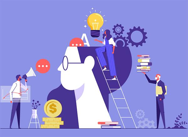 An illustration of professional people working, learning, building up knowledge.