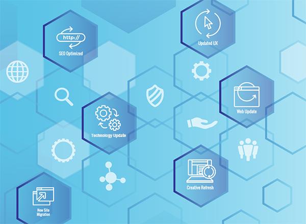 Stylized hexagons with website redevelopment terms on a blue background
