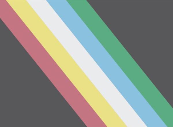 All six colors of the Disability Pride Flag are muted. Red, yellow, white, blue, and green stripes on a black background.