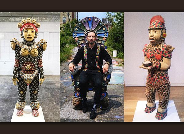 Artist George Rodriguez sitting in his ceramic chair sculpture in the middle photo. The two side photos are images of his full sized clay figures.