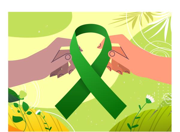 Illustration of two multiracial hands holding a green looped ribbon between the fingers.