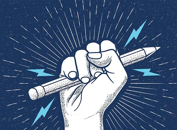 Illustration of a fist holding a pencil with lightning bolts. 