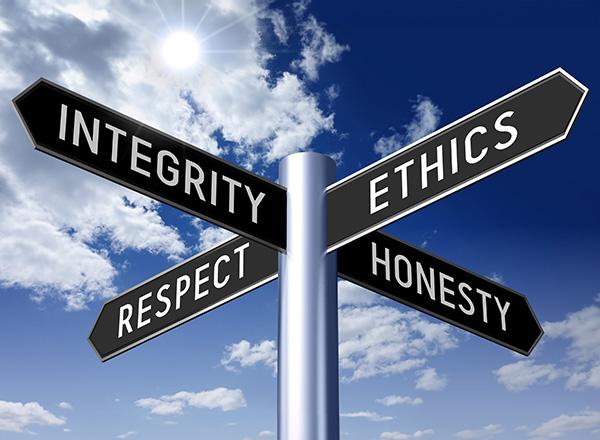 Street sign with the words integrity, ethics, honesty, and respect.