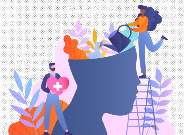 Illustration of a man and a woman adding water to nurture flowers in a silhouette of a head.
