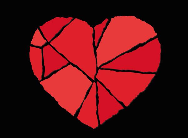A red heart that has been torn in several pieces and placed back together.