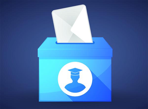 drawing of ballot box with a student on the front