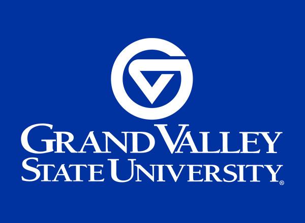 Grand Valley State University white logo on their blue background.