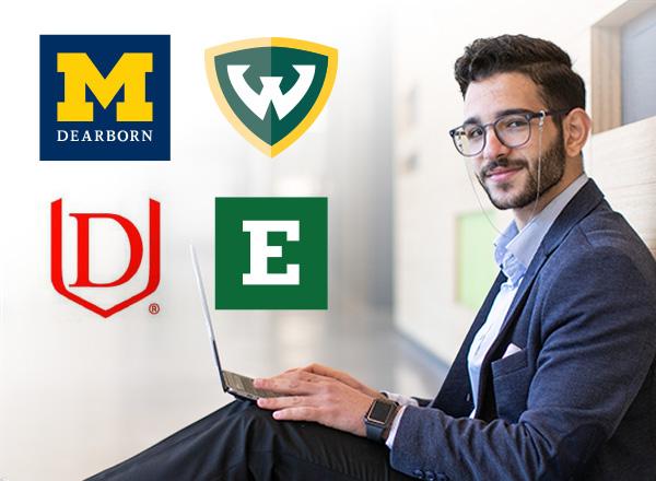 Learn4ward student with laptop and four college logos (l-r): University of Michigan-Dearborn, Wayne State University, Davenport University, and Eastern Michigan University.