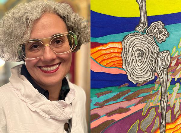 Narine Kchikian to the left of a vividly colored image of her trees art.