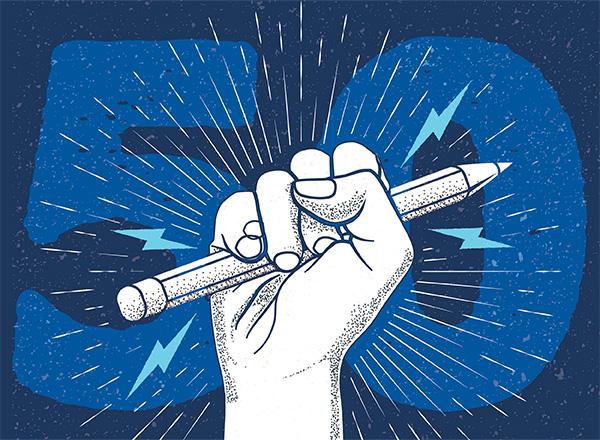 Illustration of a fist holding a pencil with big blue 50 in the back. 