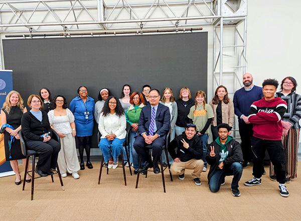 A group of HFC staff and students with Pulitzer on the Road.