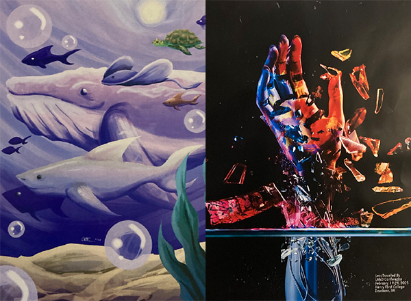 Student artwork; on the left a digital painting of sea life and on the right a designed poster.