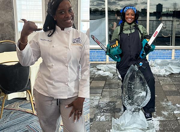 On the left, Khalima in her chef jacket. On the right, Khalima posing with two chainsaws and her ice sculpture creation.