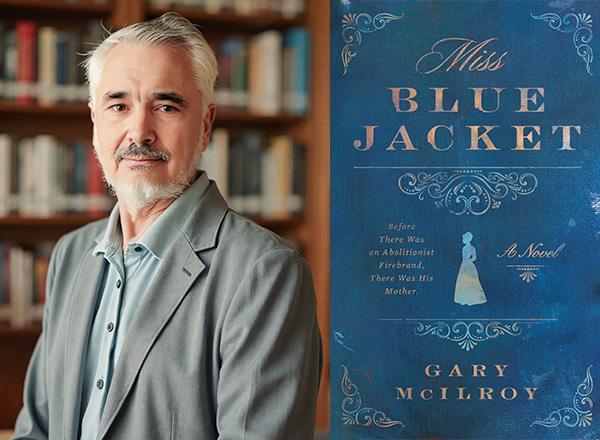 Headshot of Dr. Gary McIlroy and to the right of him, a pic of his new book "Miss Blue Jacket".