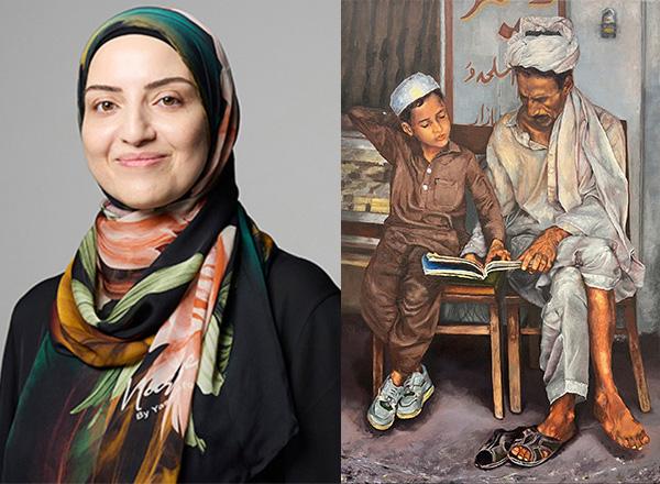 Malek Cherri on the left, and her painting on the right. 