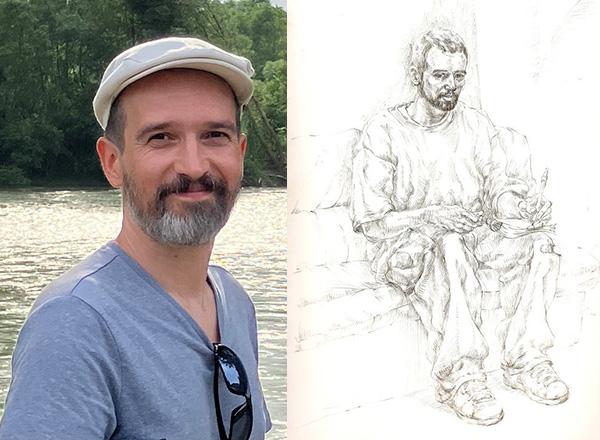 Nemanja Rosic next to a self portrait