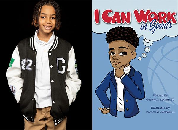 George A. Latham IV to the left, on the right the cover of his book, "I Can Work in Sports"