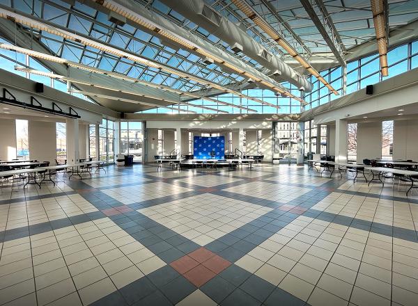 Photo of HFC Student Center with long view to include pavilion skylight ceiling