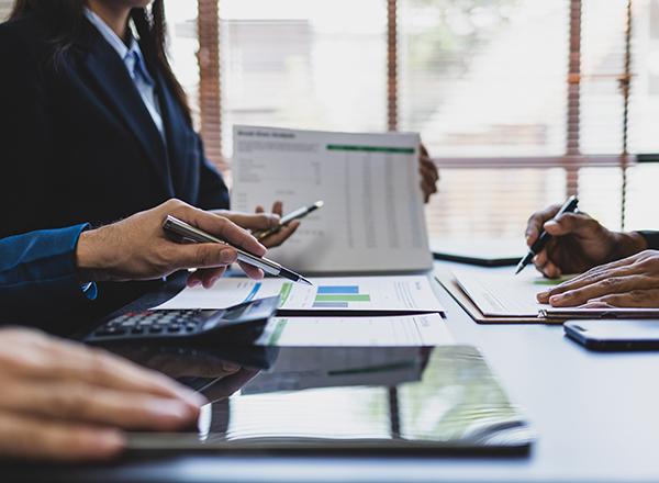 Financial planning session: businesspeople working at a table