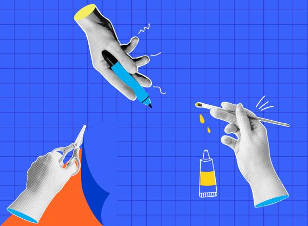 Collage hands painting, drawing, and cutting blue paper.